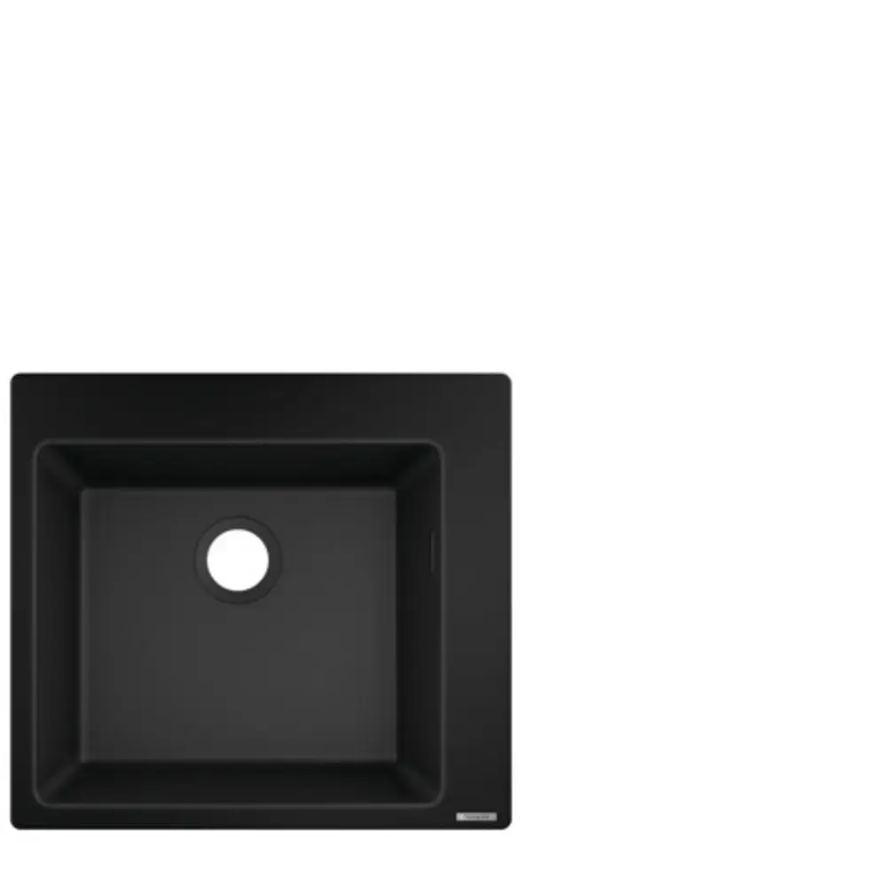 Schwarze Einbauspüle von Hansgrohe, quadratische Form mit abgerundeten Ecken und mittigem Abflussloch.